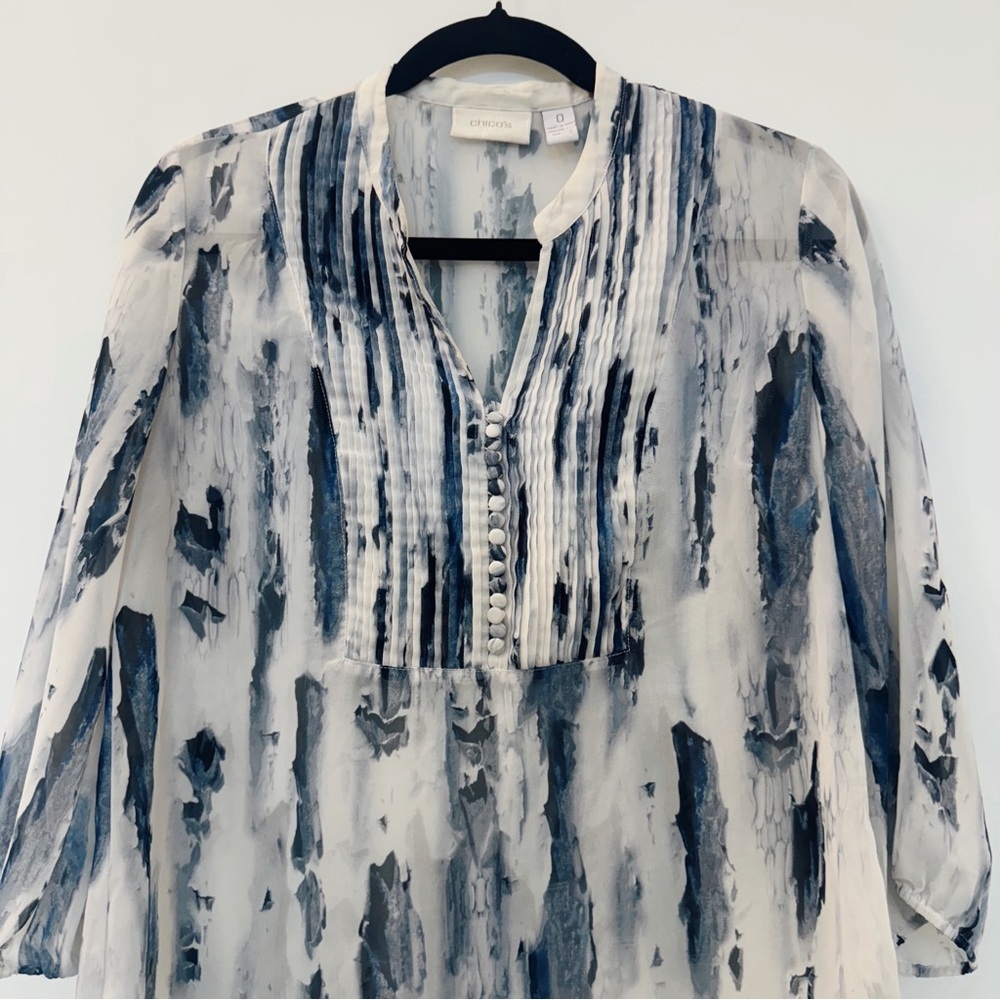 Chico’s Marble Watercolor Blue Print Sheer Split-Neck Blouse